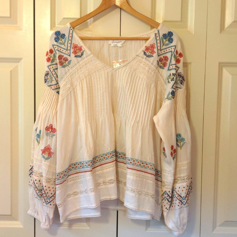 Anthropologie Cream Embroidered Blouse